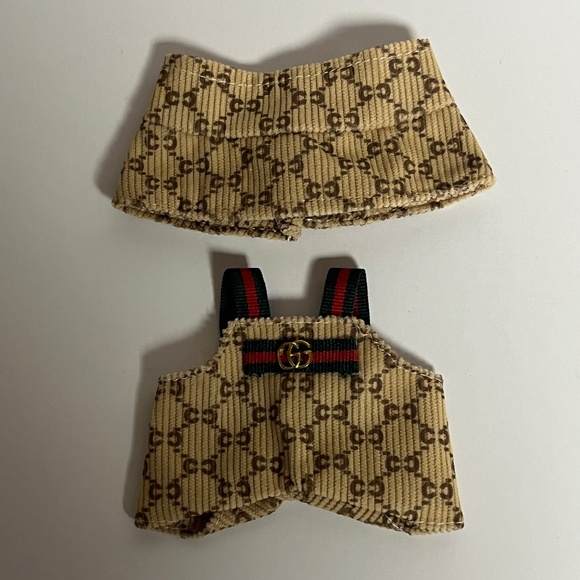 Designer Overalls Bucket Hat 2 Piece Outfit For Labubu Suspenders Green Red Tan - Picture 1 of 2